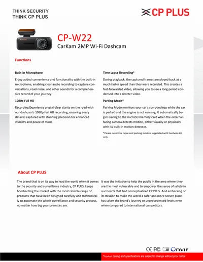 CP-PLUS CP-W22 CarKam 2MP Wi-Fi Dashcam