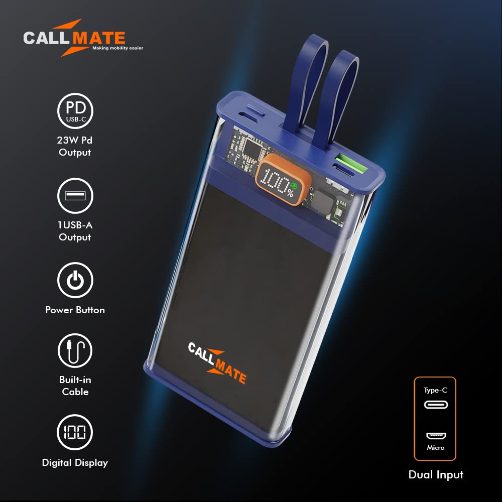 CALLMATE C-Thru 10000Mah Transparent Power Bank,23W Fast Charging with Type C