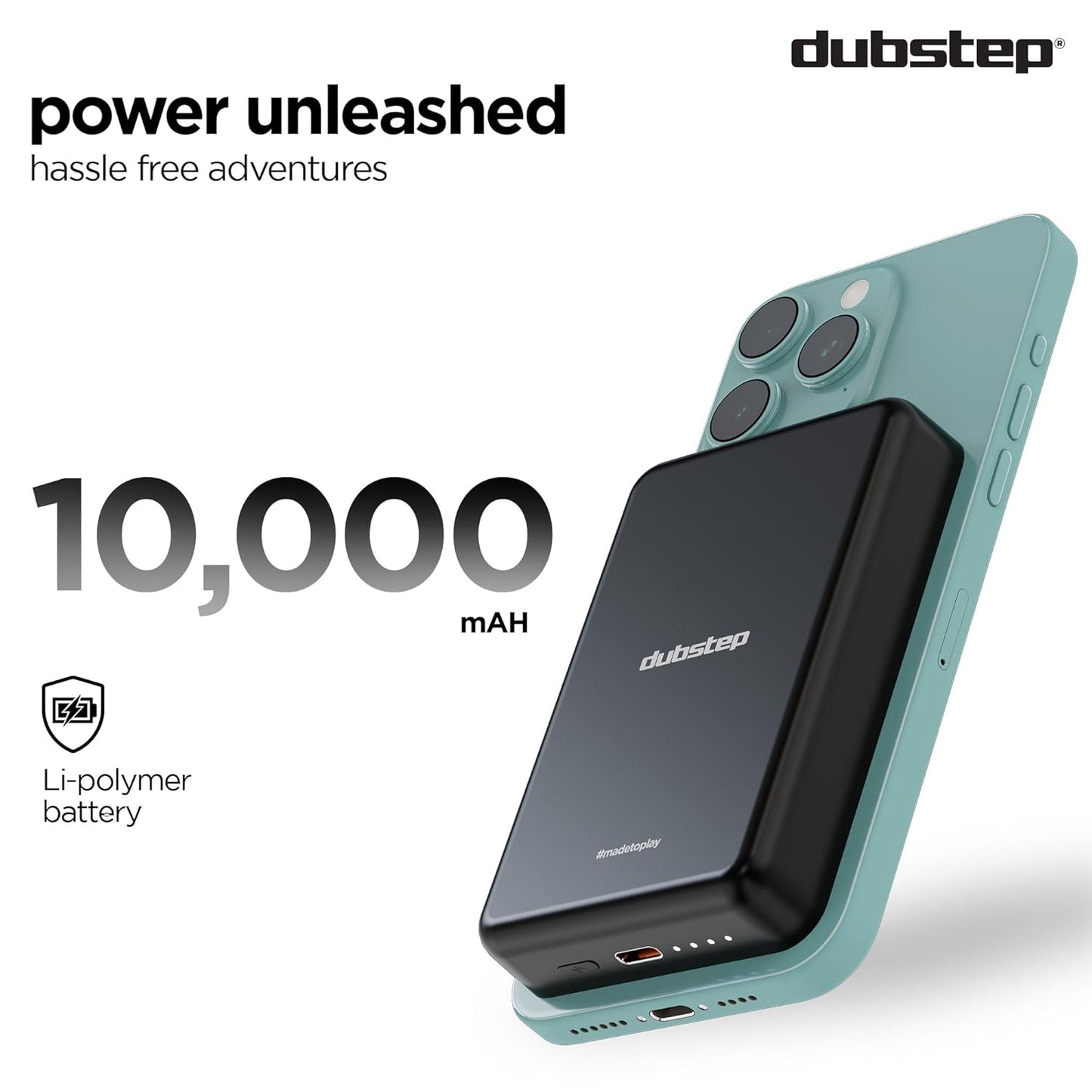 *Dubstep Powerblitz X1 10,000 mAh 20W 12W Fast Charging Wired & Wireless Charging Compact Pocket Size Power Bank with Type-C to Type-C Cable