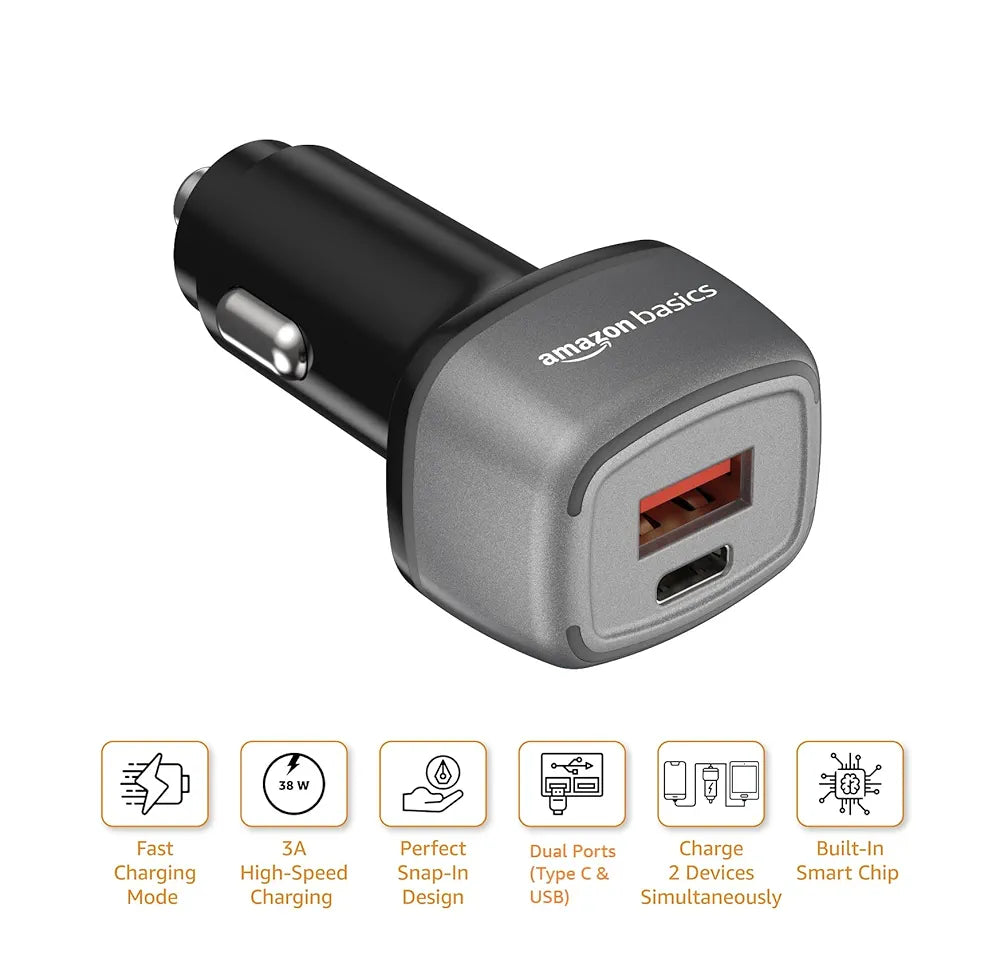 Amazon Basics Car Charger with 38W Charging| Dual Port -Type C and USB Output | Type-C USB Cable Included, Black