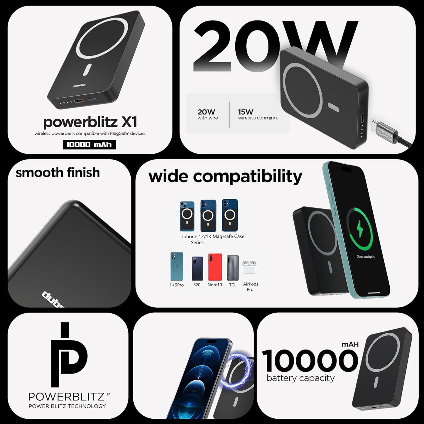 *Dubstep Powerblitz X1 10,000 mAh 20W 12W Fast Charging Wired & Wireless Charging Compact Pocket Size Power Bank with Type-C to Type-C Cable