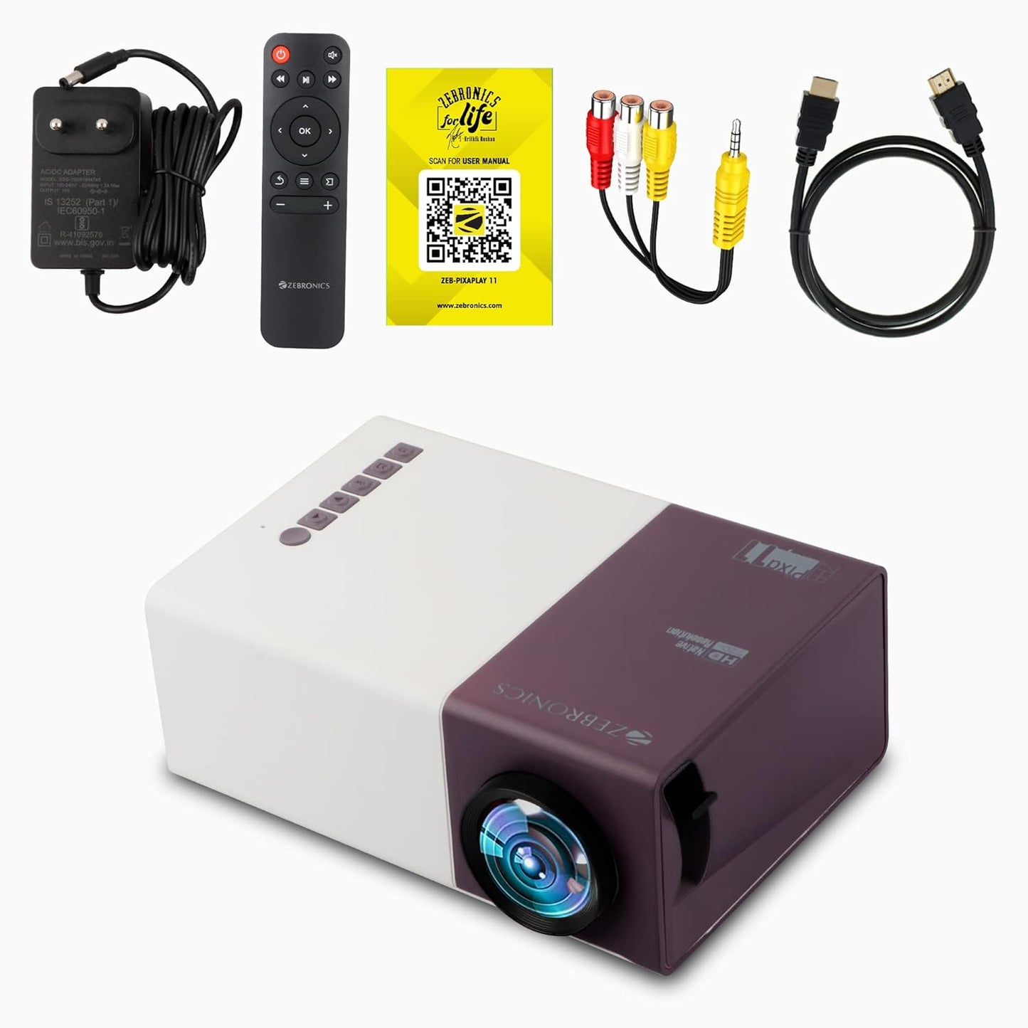ZEBRONICS ZEB-PIXAPLAY 11 LED with FHD1080p support, built in speaker,Dual power input (1500 ln) Portable Projector