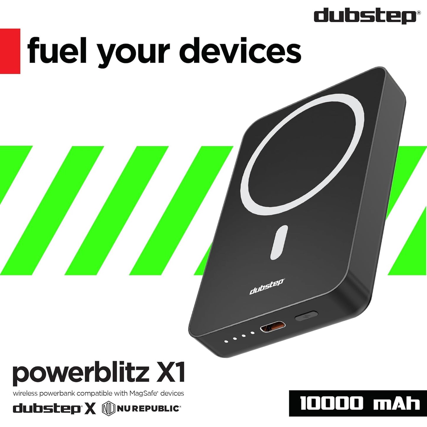 *Dubstep Powerblitz X1 10,000 mAh 20W 12W Fast Charging Wired & Wireless Charging Compact Pocket Size Power Bank with Type-C to Type-C Cable