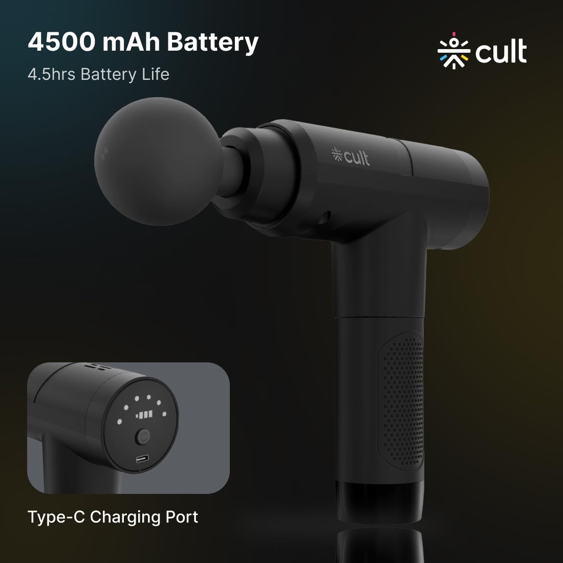 CULT Volt Pro, Full Body Professional Gun Massager, 4500 mAh battery, QuietMotion Tech, Deep Tissue Percussions, 4 Interchangeable heads, 6 Speed leve
