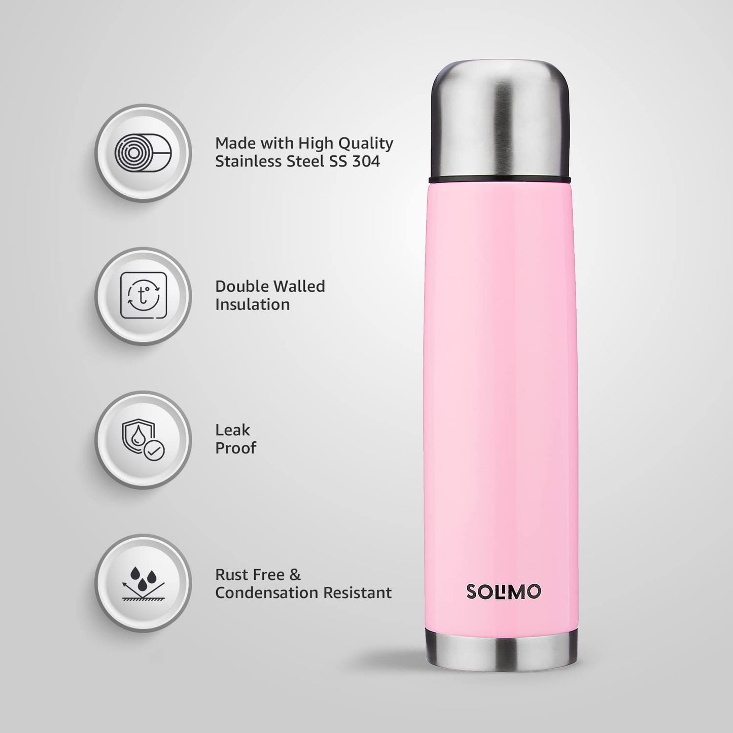Amazon Brand - Solimo Stainless Steel Insulated 24 Hours Hot or Cold Bottle Thermos Flask, 1000 ml, Pink