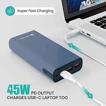 *Portronics Power 45 20000mAh Super Fast Charging Metal Power Bank |Triple Output (2USB + 1 Type C) for Laptop/Mobiles/TWS/Speakers.(Blue)*