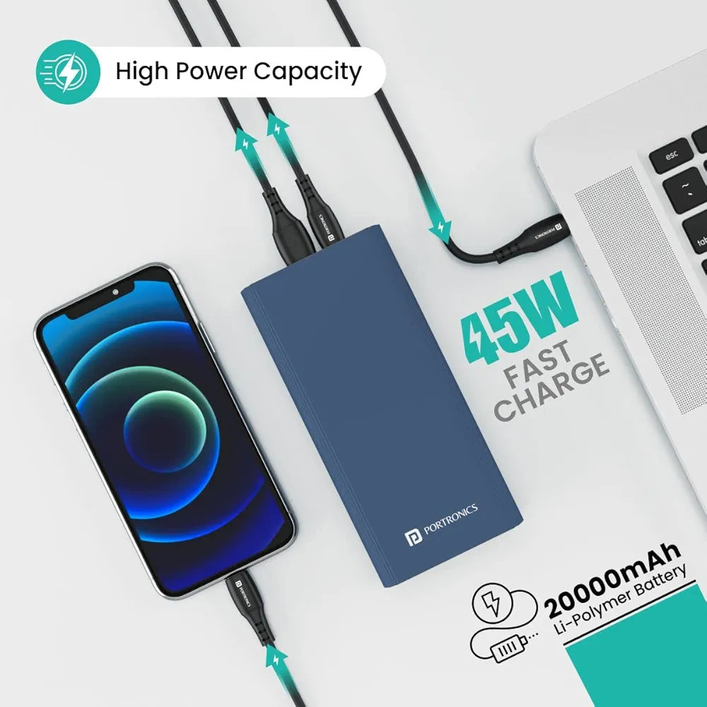 *Portronics Power 45 20000mAh Super Fast Charging Metal Power Bank |Triple Output (2USB + 1 Type C) for Laptop/Mobiles/TWS/Speakers.(Blue)*