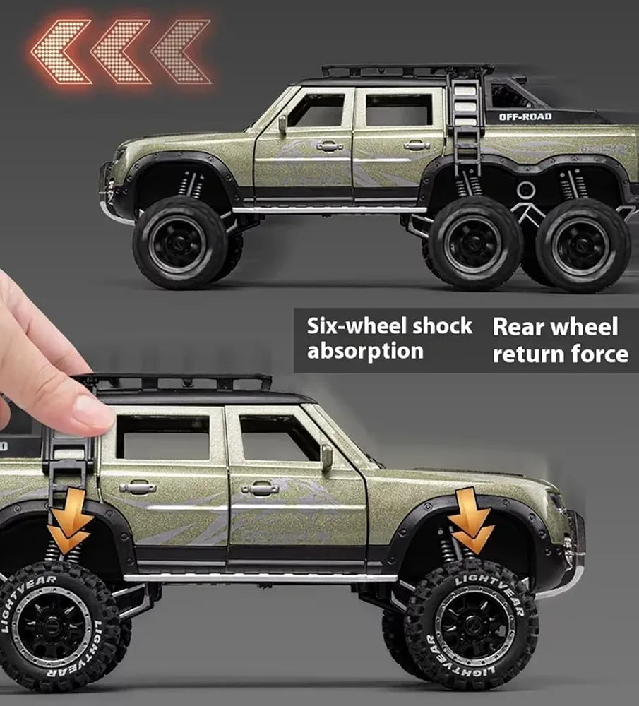 1:24 6X6 Defender Toy Car for Kids Scale Model Diecast Metal Cars Light Sound Pullback Openable Door Car