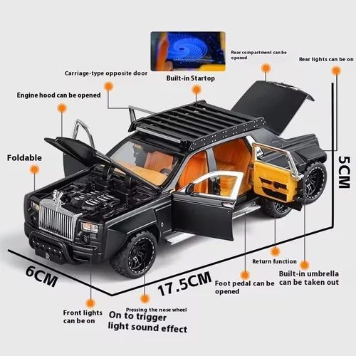 1:32 roll royce 6x6 wheel metal toy car with sound & light for kids ( multicolour)