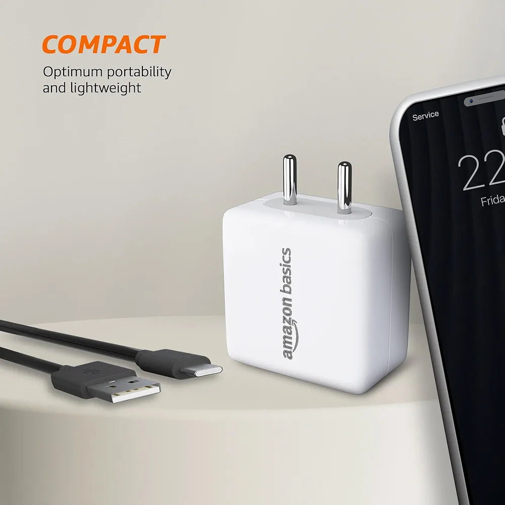 Amazon Basics 22.5W USB-A Charger + Type A to Type C PVC Cable