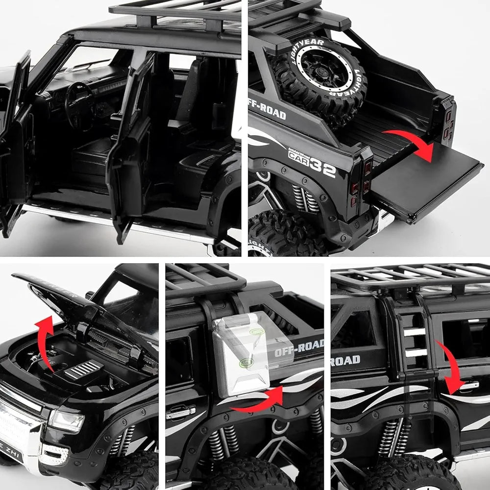 1:24 6X6 Defender Toy Car for Kids Scale Model Diecast Metal Cars Light Sound Pullback Openable Door Car