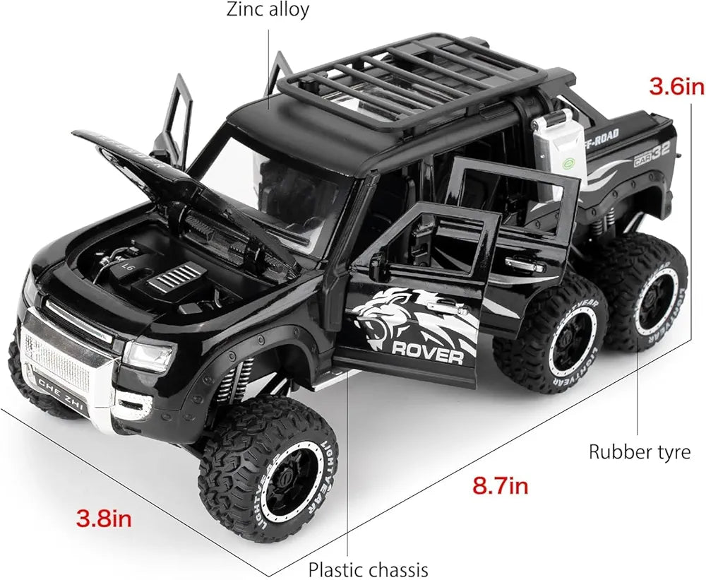 1:24 6X6 Defender Toy Car for Kids Scale Model Diecast Metal Cars Light Sound Pullback Openable Door Car