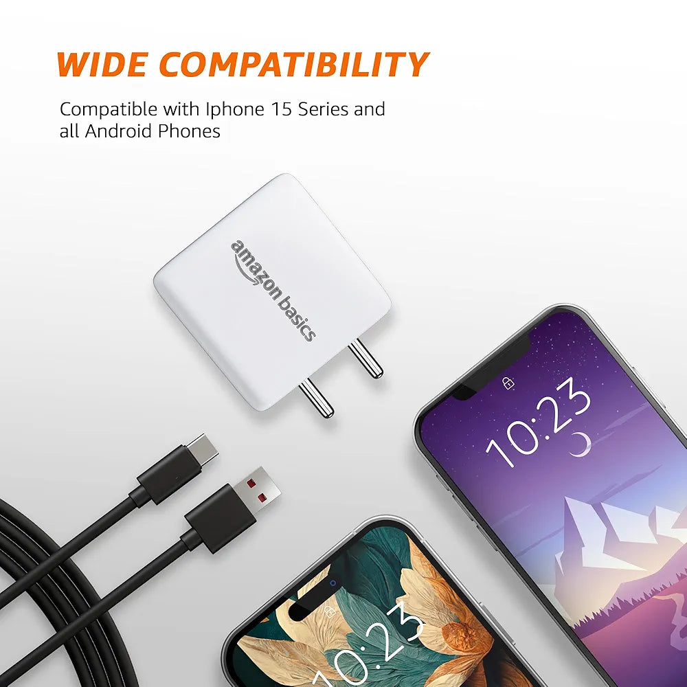 Amazon Basics 22.5W USB-A Charger + Type A to Type C PVC Cable