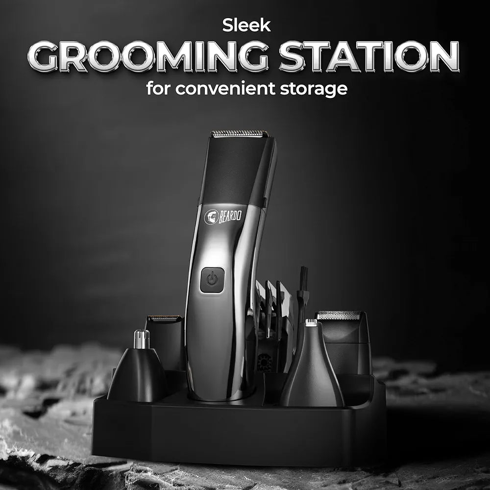Beardo Chrome Beast Multipurpose Full Body Groomer Trimmer Set For Men | 40 Length Settings | 8 attachments | Beard/Hair/Body/Precision/Ear/Nose Trimmer|With Dock|90 min. run time | All-in-1 trimmer | Gift For Brother | Gift For Friends