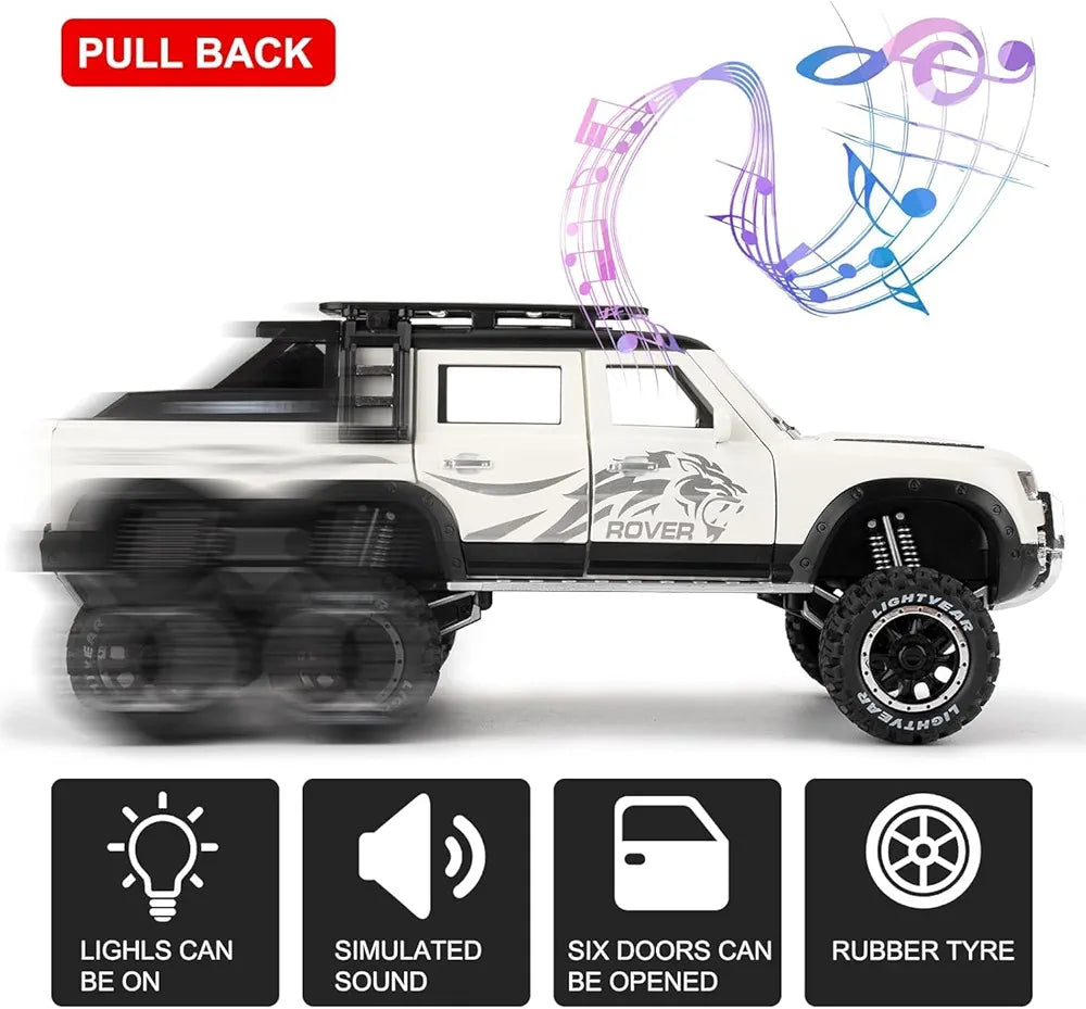 1:24 6X6 Defender Toy Car for Kids Scale Model Diecast Metal Cars Light Sound Pullback Openable Door Car