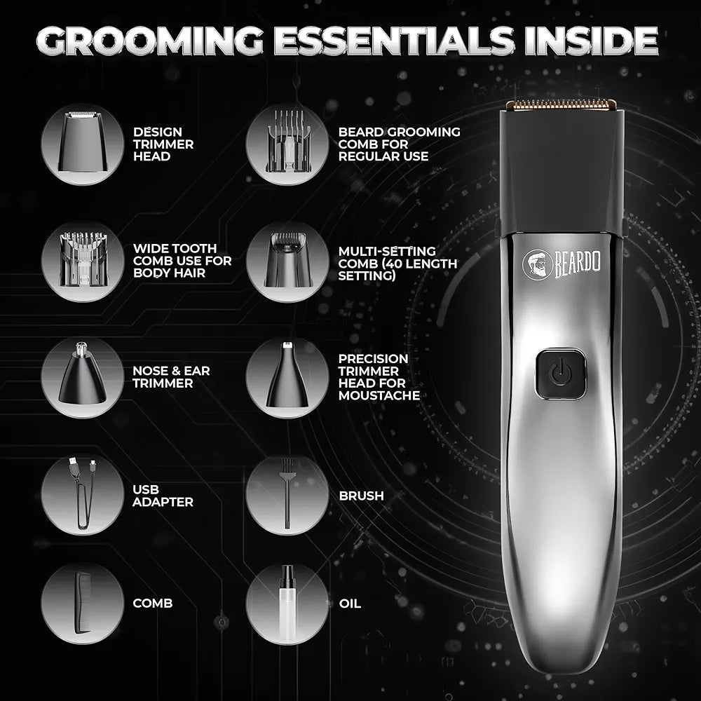 Beardo Chrome Beast Multipurpose Full Body Groomer Trimmer Set For Men | 40 Length Settings | 8 attachments | Beard/Hair/Body/Precision/Ear/Nose Trimmer|With Dock|90 min. run time | All-in-1 trimmer | Gift For Brother | Gift For Friends