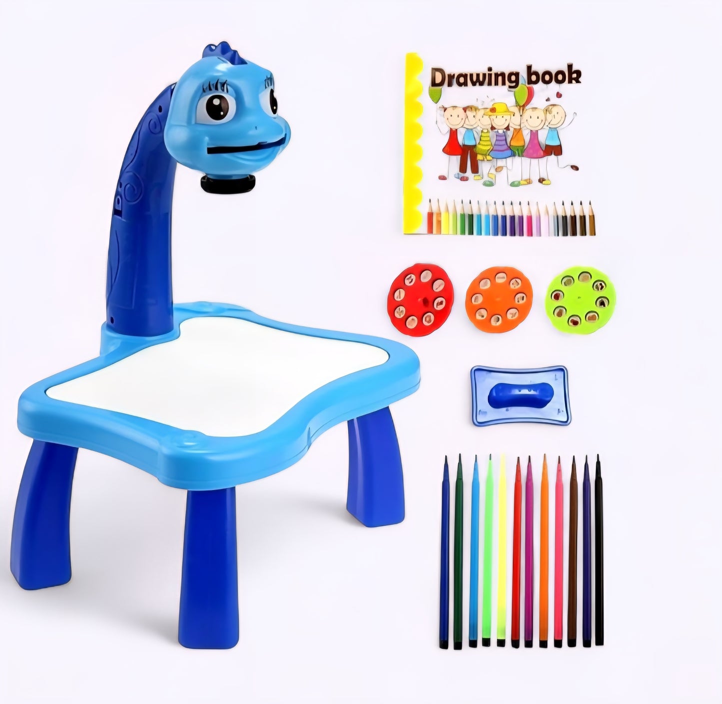 Projector Coloring Table with Sketch Pens and Image Slides Without Duster